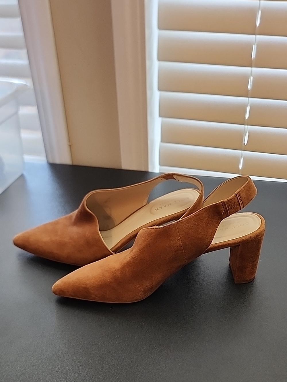 Cole Haan Tan Suede Pointed Slingback Block Heel Pumps